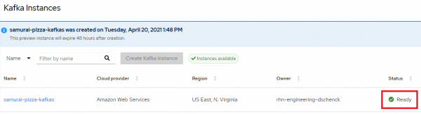 panel showing kafka instance status as ready