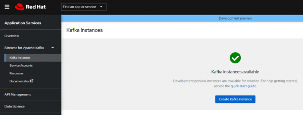 kafka_instances_empty Kafka instances page with no instances listed