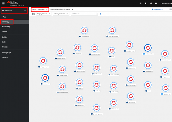 Screenshot of the app topology created in the kubeflow project