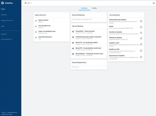 Screenshot of the kubeflow central dashboard