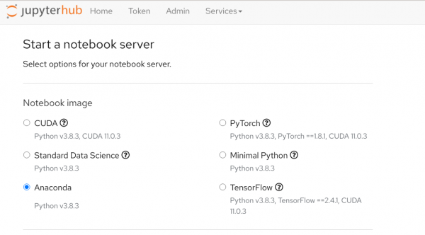 notebook-selection The dialog to create and start a notebook server in JupyterHub.