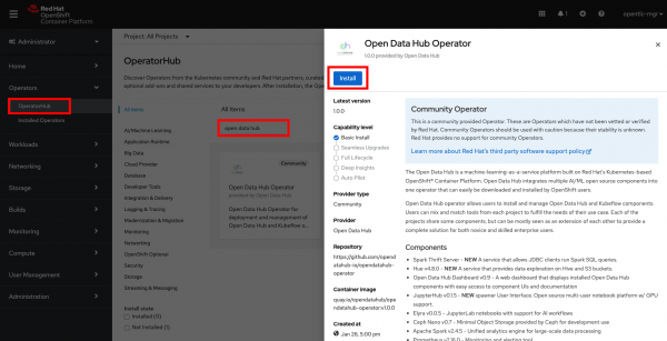 Screenshot of Open Data Hub Operator install from the Red Hat OpenShift OperatorHub