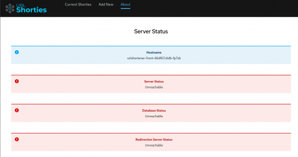 At this stage, no services are running yet, so they are shown in red and say "Unreachable" on the Server Status screen.