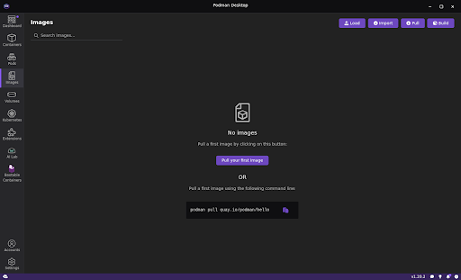 Podman Desktop with the Images section opened and showing no images