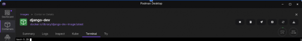 Podman Desktop Container Details screen Terminal tab