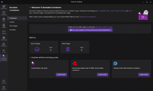 A view of the Welcome to Bootable Containers dashboard screen in Podman Desktop.