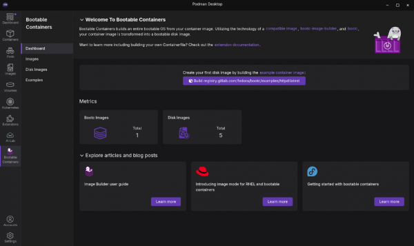 Bootable Containers > Images showing the container pulled from registry.gitlab.com.