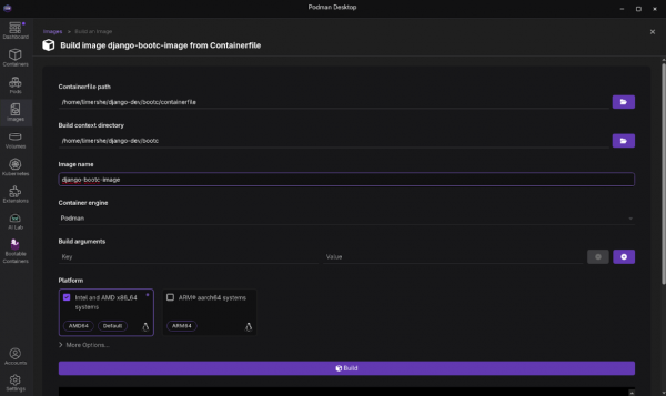 Podman Desktop > Images > Build > Build image from Containerfile.