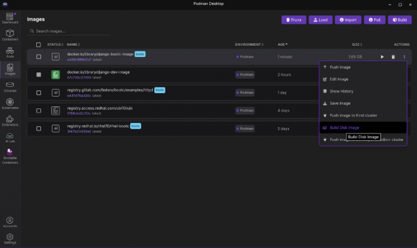 The Podman Desktop container images screen with the expanded menu under the actions kebab.
