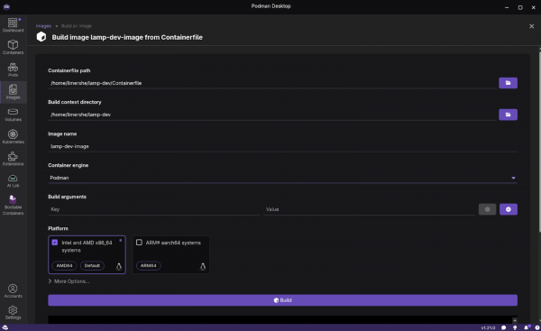 This Podman Desktop build screen shows an image name inputted and platform specified.