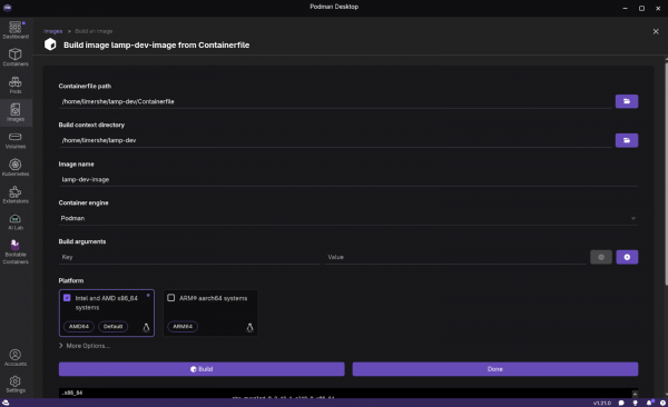 This Podman Desktop Build Process screen shows the Build and Done buttons.