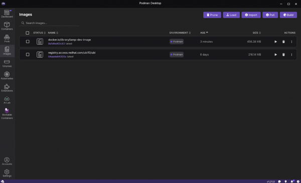 This Podman Desktop Images screen shows the images listed and the cursor over the right arrow icon to run the image.