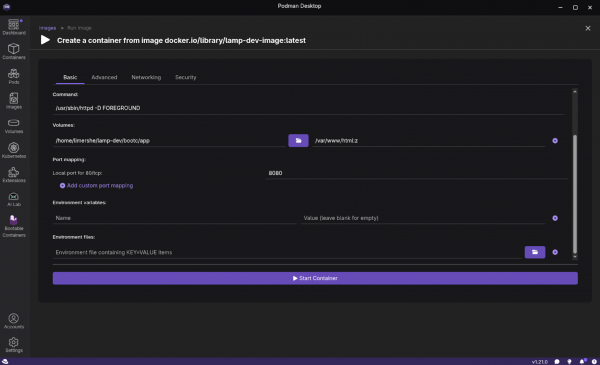 This shows the Podman Desktop Create Container screen with the option to select the subdirectory.