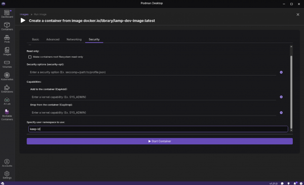 The Podman Desktop Create Container screen Security tab shows the user namespace specified.