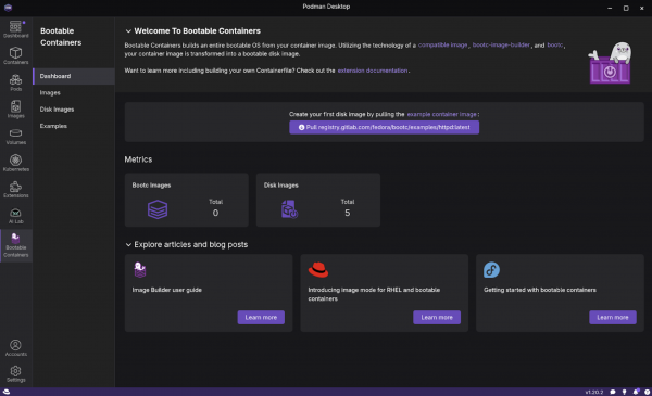 A view of the Welcome to Bootable Containers dashboard screen in Podman Desktop.