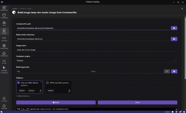 Podman Desktop > Images > Build > Build image from Containerfile.