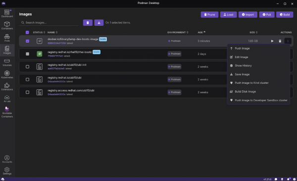 The Podman Desktop container images screen with the expanded menu under the actions kebab.
