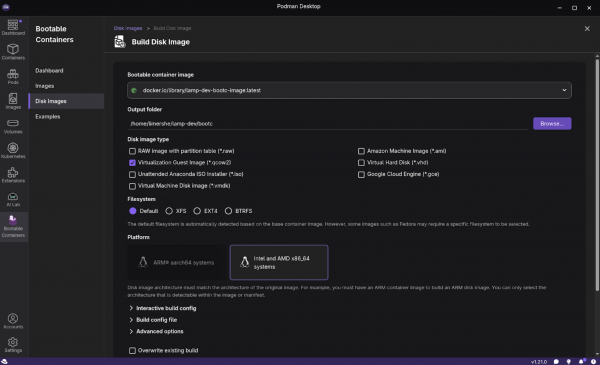The Build Disk Image configuration.