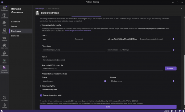 The Build Disk Images and Interactive build config screen to enter the SSH credentials.