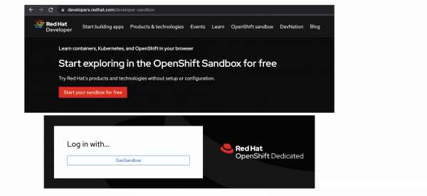 Two screenshots of the Developer Sandbox start and login pages.