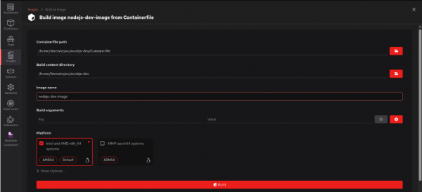 Podman Desktop Images build screen