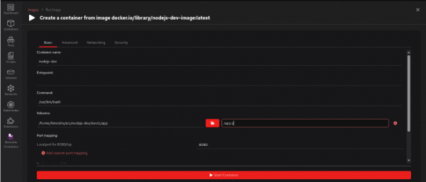 Podman Desktop mapping $HOME/nodejs-dev/bootc/app to /app in the container