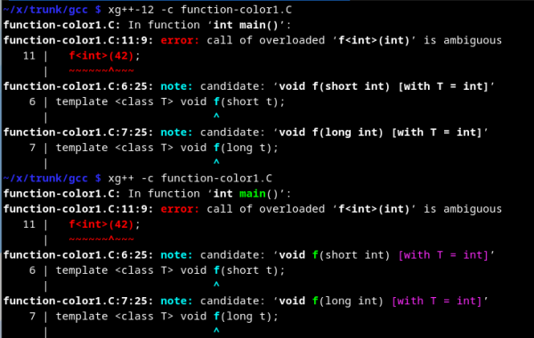 Function names appear in color in GCC 13.
