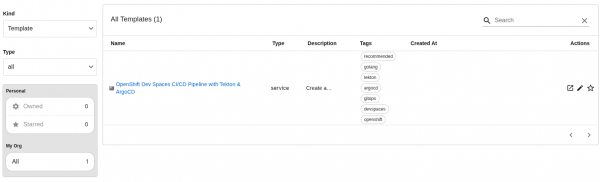 Template selection page in RHDH