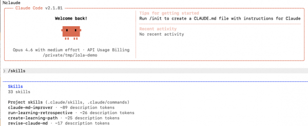 Listing the skills in Claude Code.