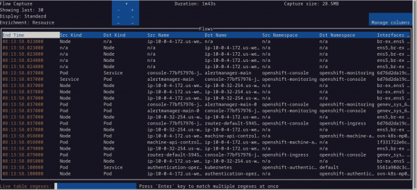It shows the text-based Network Observability CLI flows table.