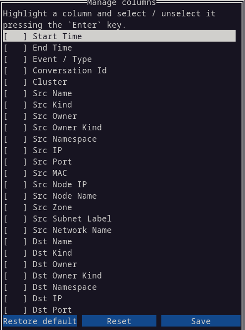The dialog has a list of columns that you choose to display or hide.