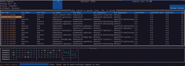 There is a packets table with a highlighted entry showing the packet capture information.