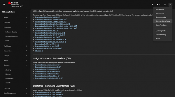 The Command line tools page showing download links for the Cosign binary across different operating system platforms.