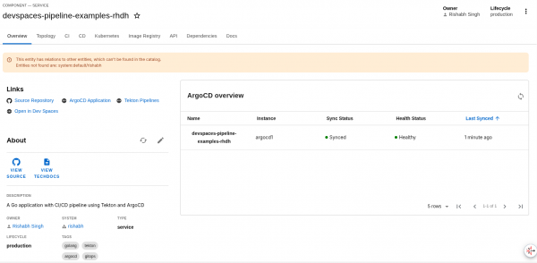 Catalog component overview page showing the ArgoCD overview card