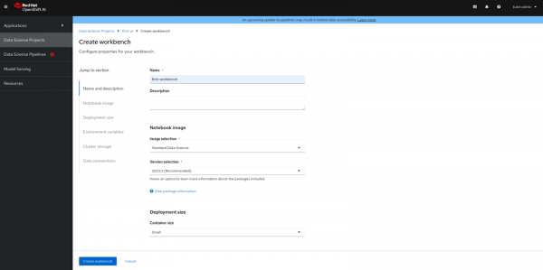 The workbench form provides options to select configurations for notebooks.