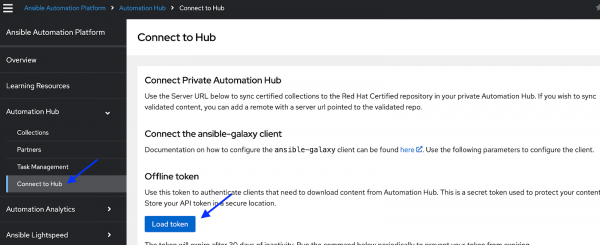 Figure shows button to load token in Ansible Automation Hub.