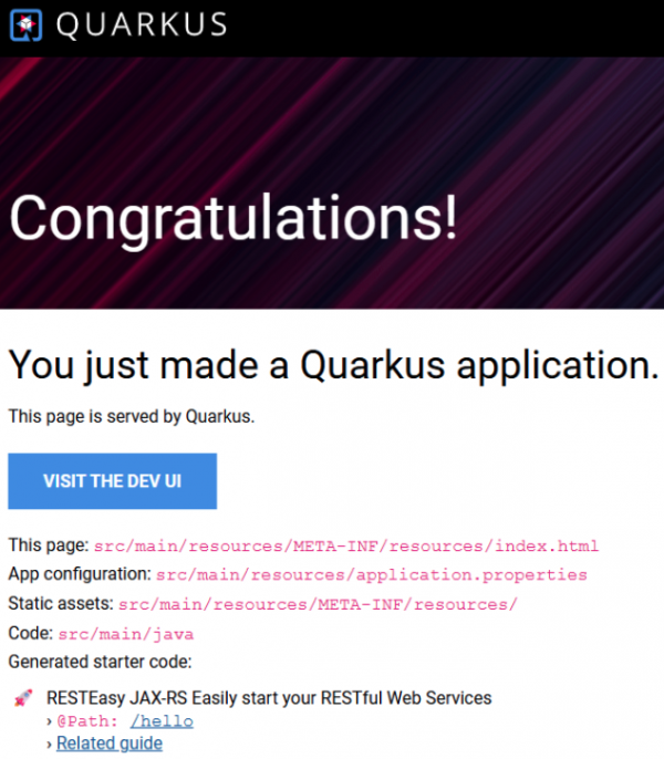 The default web home page for Quarkus.
