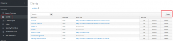 The Clients menu offers a Create button to create a Keycloak client.