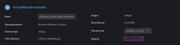 Virtual Machine creation wizard. Step 3: VirtualMachine details. Sysprep section displays "Not Configured" as editable.