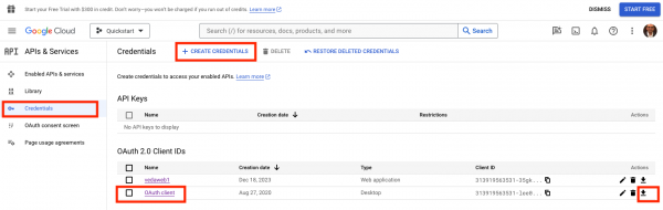Screenshot of the Client credentials section in Google Cloud Console, highlighting the download icon used to save the credential file.