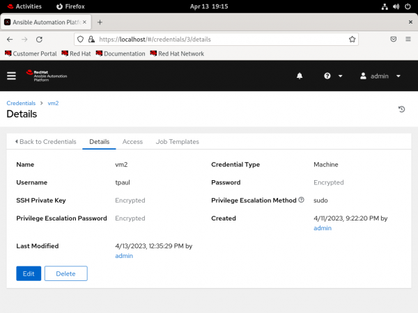A screenshot of the credentials details page in Ansible.