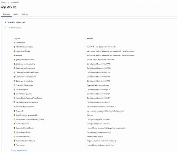 Hosted cluster operators status in Red Hat Advanced Cluster Management dashboard