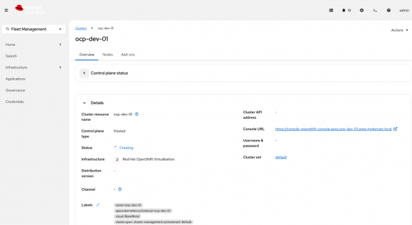 Hosted cluster status in Red Hat Advanced Cluster Management dashboard