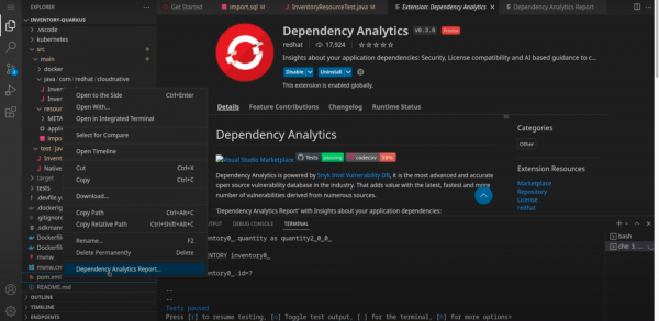 A screenshot of the dependency analytics extension on the dependency file.