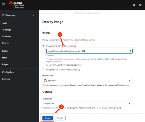 Figure 6: Declare the container image repository and container image in the OpenShift Deploy Image web page.