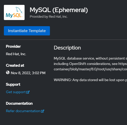 When you see the description of the MySQL Ephemeral database, click the Instantiate Template button to continue