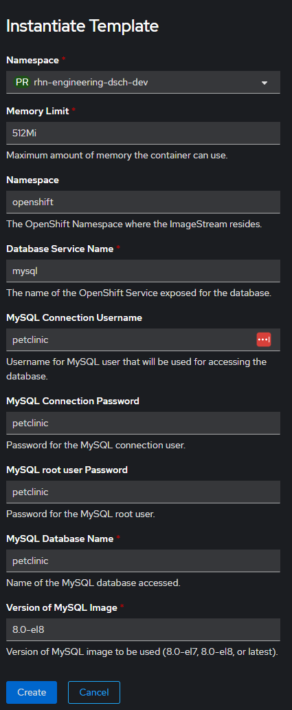 Click Create to create the MySQL instance