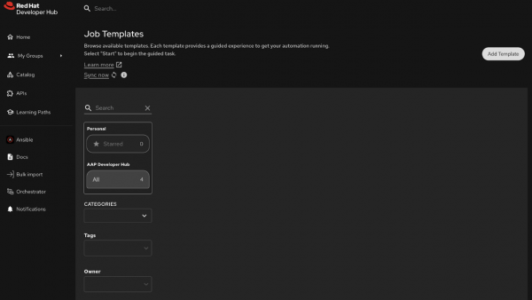 A sidebar menu displays an "Ansible" section, and a status indicator at the top confirms the user is successfully authenticated via the Ansible provider.