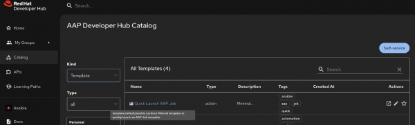 The Developer Hub software catalog filtered by the "Template" kind. A card labeled "Quick Launch" is visible, showing a description and tags related to Ansible Automation Platform.