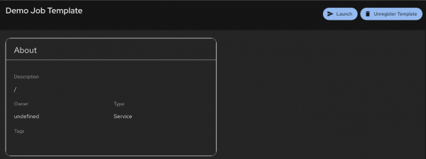 The detailed view of a specific job template within Developer Hub. A prominent blue "Launch" button is in the upper right corner.